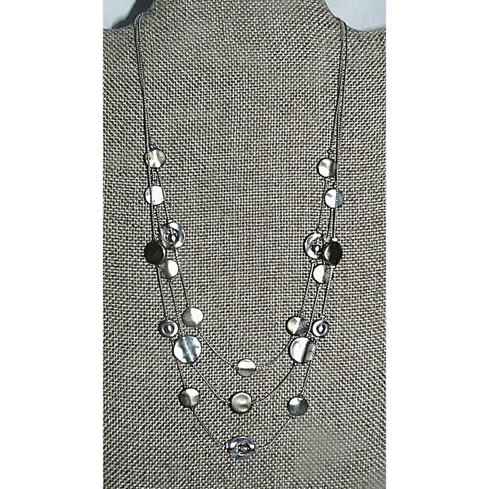 NY Signed  Silver-Tone Multi-Strand Disc Station Necklace Layered Adj Chain